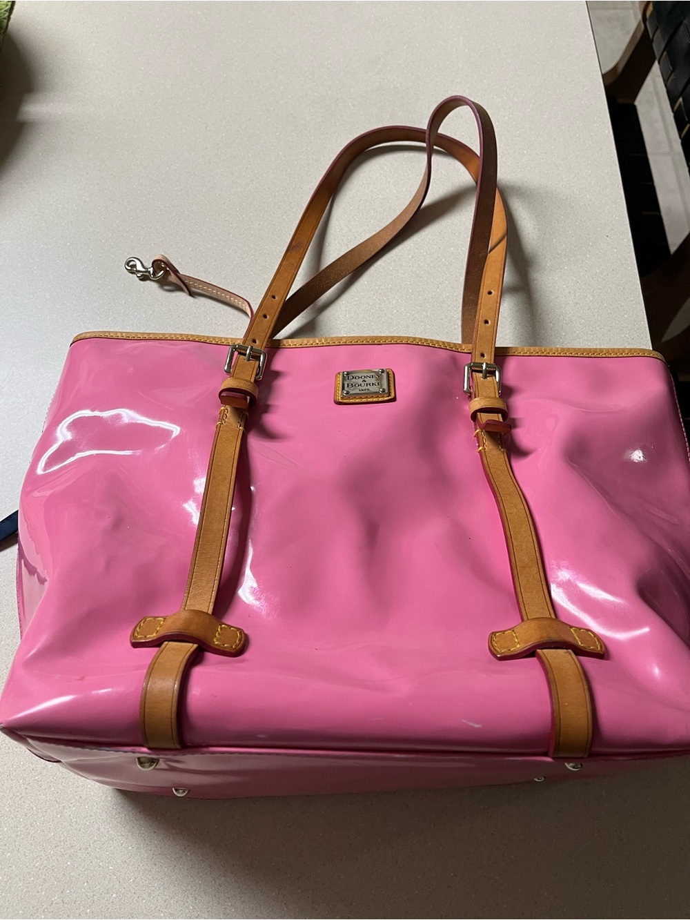 Dooney & Bourke Pink Patent Tote with Tan Straps